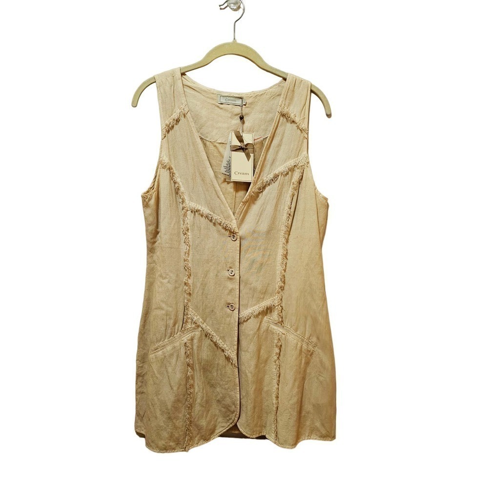 Linen Viscose Cotton Blend long vest. Cream. Lace accents.‎ 38. US 8. Lagenlook